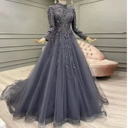 Luxury New Evening Dresses Beading Sequined Appliques High Neck Long Sleeve Ruffles Elegant Formal Prom Gowns Robes De Soirée