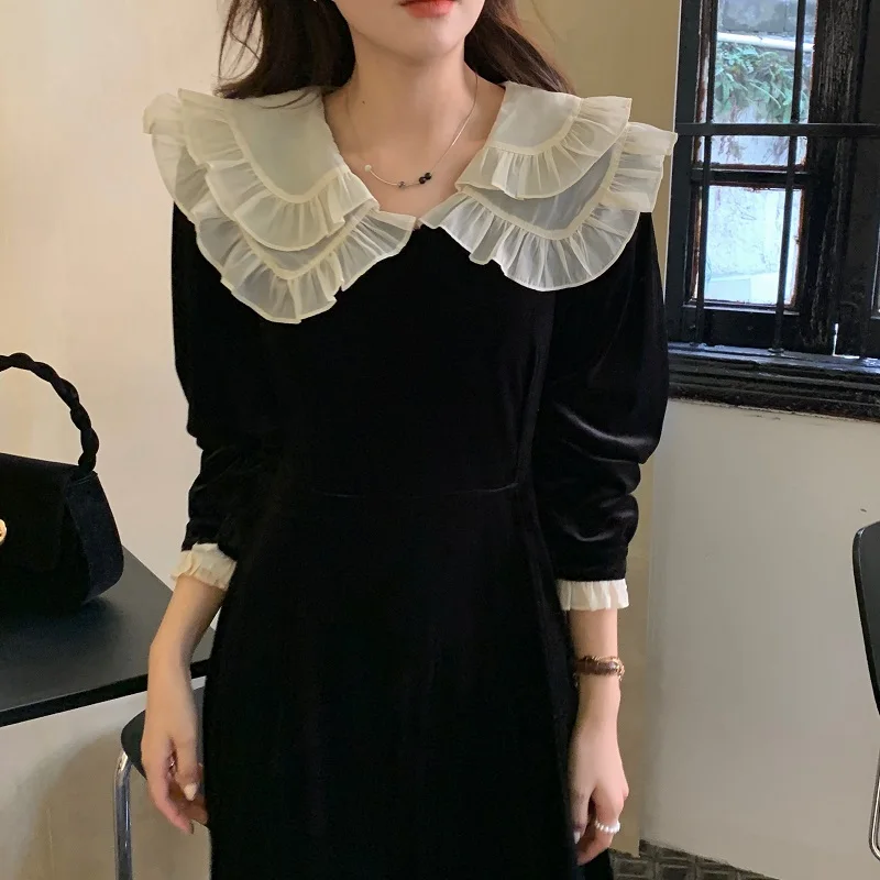 

2022 Spring Autumn French Retro Doll Flip Large Lapel Color Contrast Bandage Draw Back Thin Mid-Length Velvet Dress Vestidos