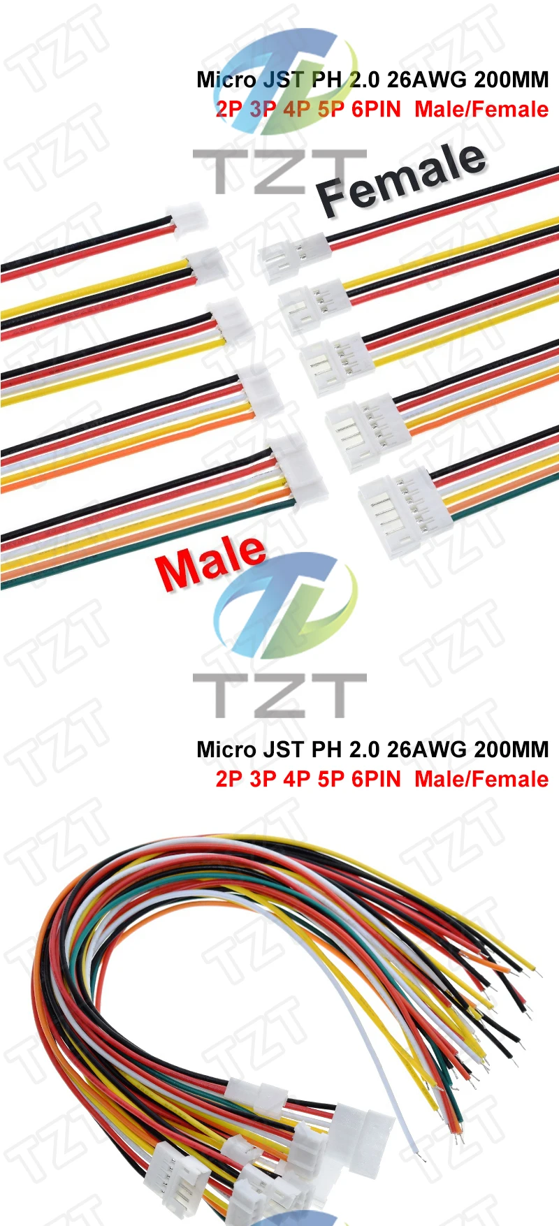 10 Stück 5 Paar Micro JST PH 2.0 2P 3P 4P 5P 6PIN Stecker-Buchsen-Verbinder mit Kabeln 20CM+20CM für Arduino MP3 – Detail 1