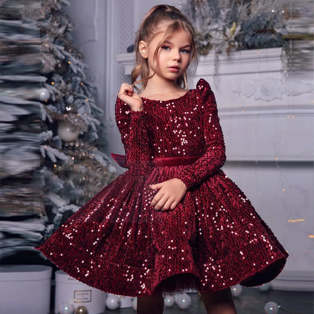 Vestido de terciopelo de manga larga para niña, vestido de flores hasta la rodilla, con lazo hinchado, primera comunión