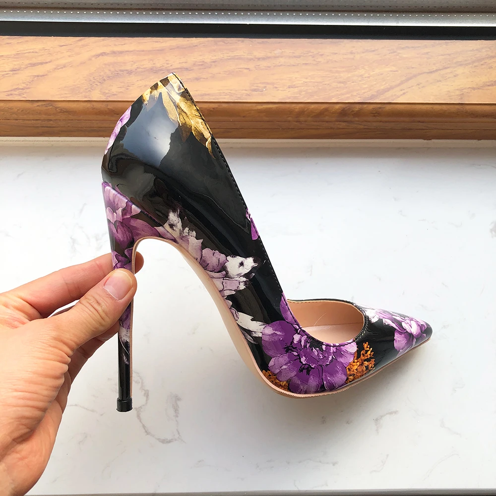 Tikicup stampa floreale viola donna vernice lucida punta a punta 8-12cm scarpe tacco alto Chic Stiletto floreale pompe misura grande 43 44 45