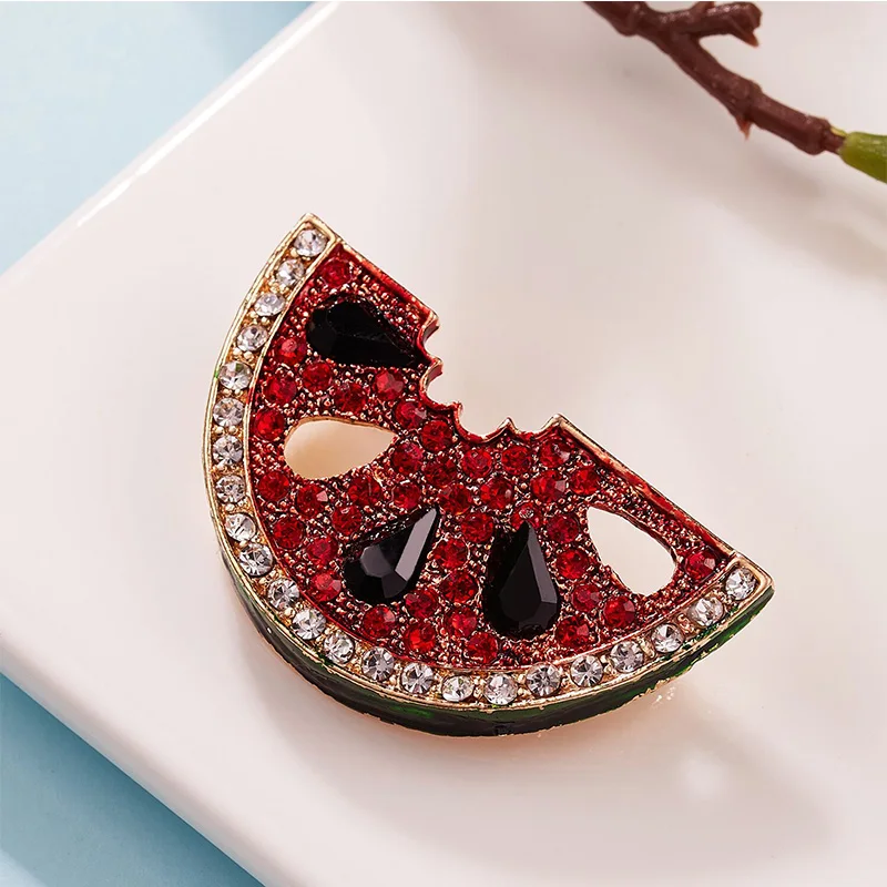 Wuli&baby Full Rhinestone Watermelon Brooch Pin Black Watermelon Seed Fashion Jewelry