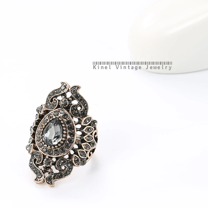 Kinel Unique Antique Gold Gray Crystal Ring For Women Party Accessories Vintage Wedding Jewelry Luxury Gifts 2019 New