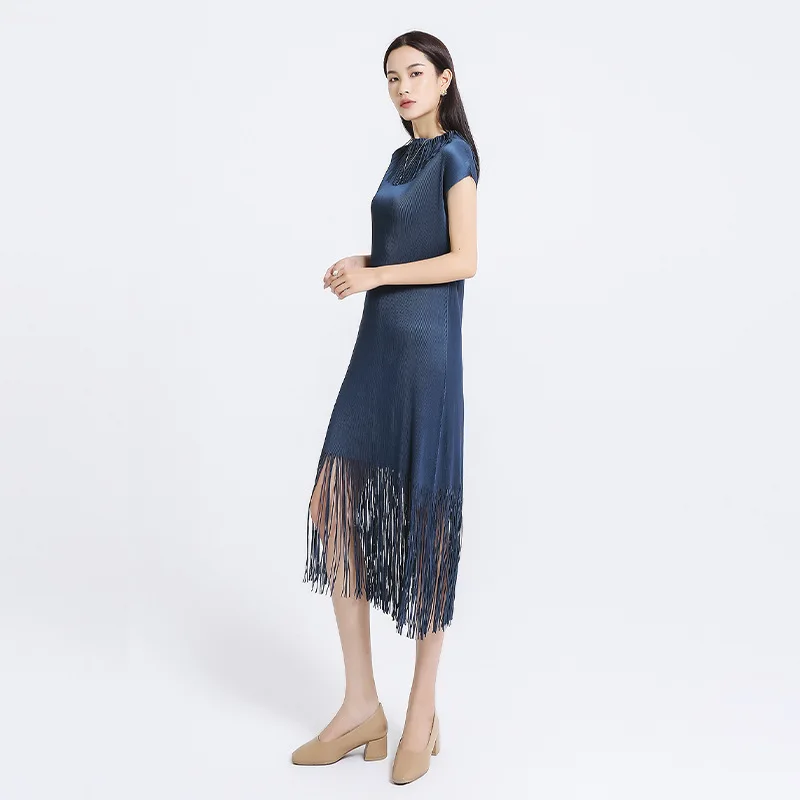 HOT SELLING Miyake fashion High quality pleated one-piece dress tassel full dress o-neck dress IN STOCK