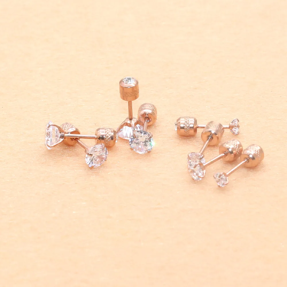 Stainless Steel Rose-gold Plating Screw Earrings With AAA Round Zircon Earring 3/4/5mm No Fade Allergy Free Quality Jewelry