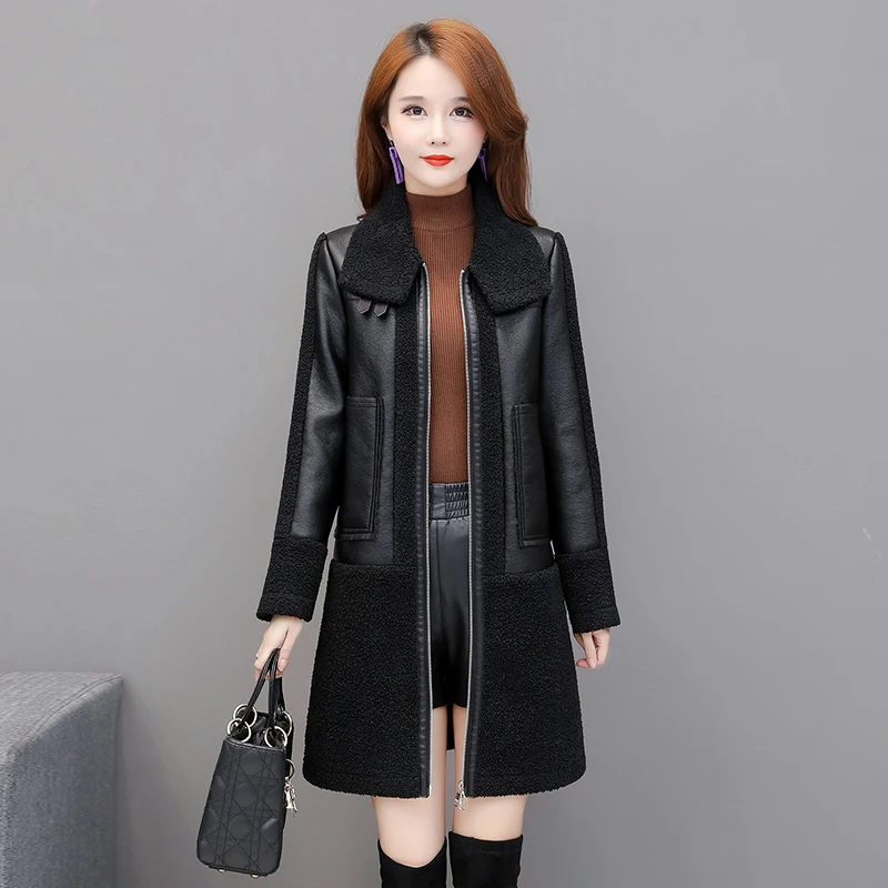 Female Leather Trench Jacket for Winter Velvet Warm Slim Long Leather Trench Coat Female Outerwear for Women Weight 85 kg