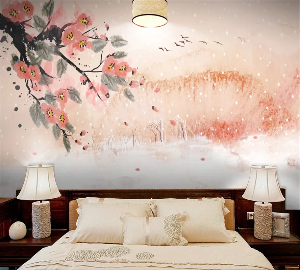 

Custom 3D wallpaper mural new Chinese style hand-painted flowers and birds background wall ink landscape peach painting