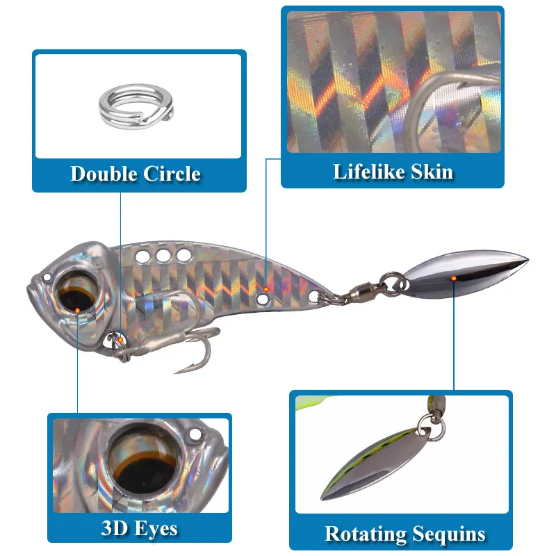 Nuovo 8.5g 12.5g 17g metallo VIB con cucchiaio rotante coda affondamento esca attrezzatura da pesca manovella esca spinner vibrante