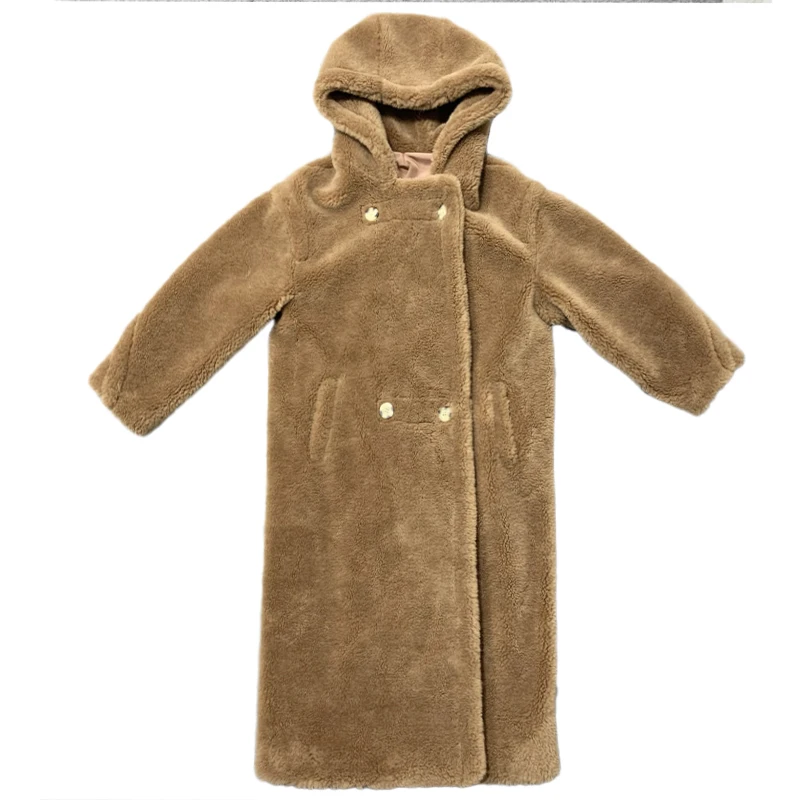 2021 neue Teddy Stil New Oversize Echt Lamm Pelzmantel Frauen Pelz Winter Natürliche Echte Wolle Schafe Pelz Lange Mäntel mit kapuze Jacken