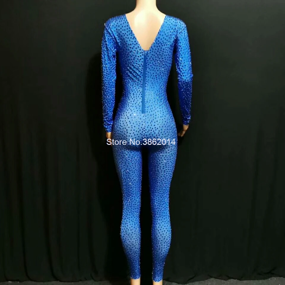 Sparkly Full Blue Rhinestones Jumpsuit Women One Piece Stretch Bodysuit Nightclub Party Outfit Singer Dancer Performance Costume