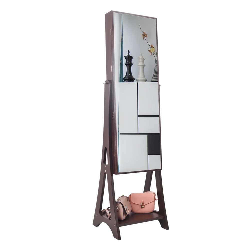 Full Mirror Makeup Mirror Cabinet 2 Drawers 5 Layers Storage Cabinet Storage Base Drop Jewelry Mirror Cabinet Brown (Include Led