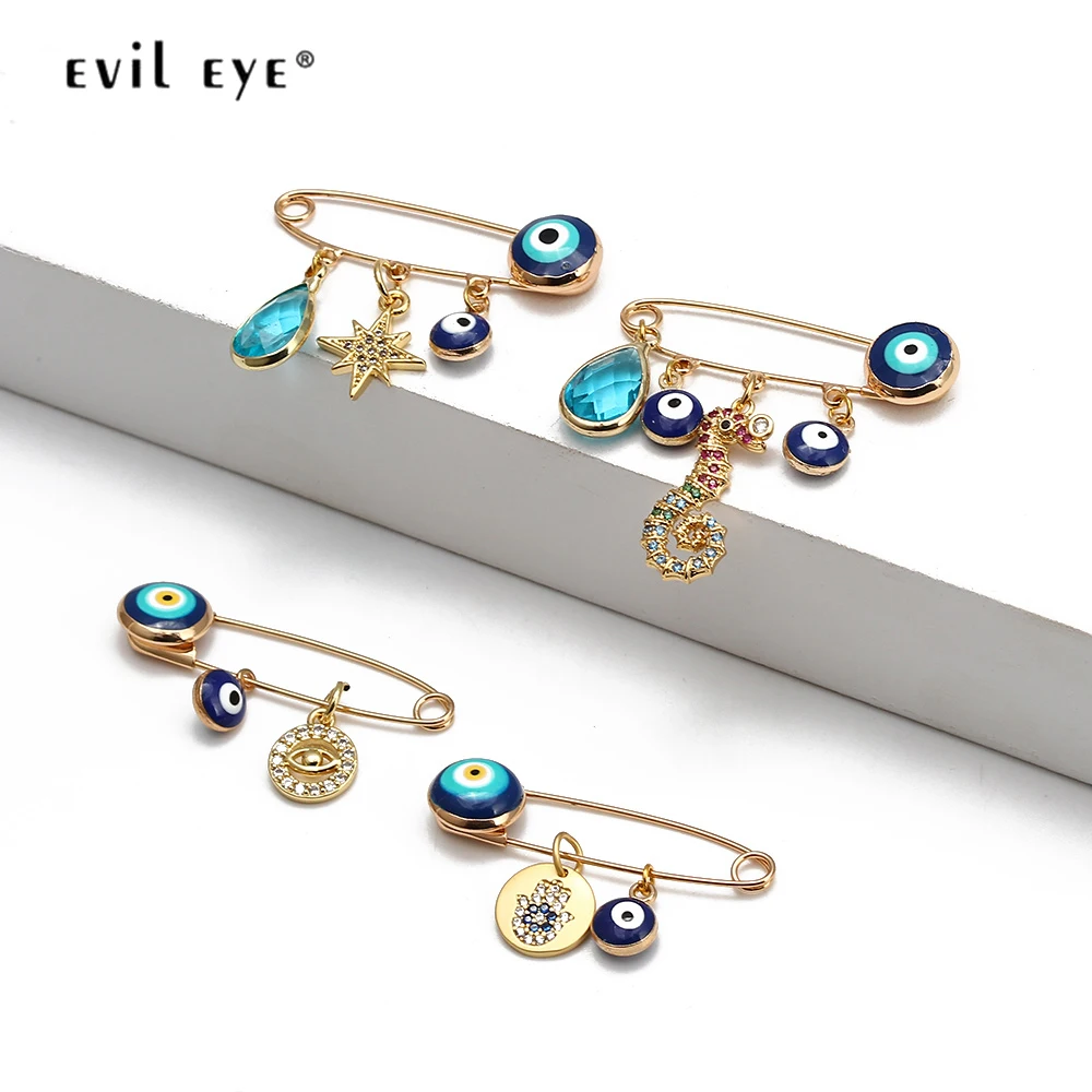 EVIL EYE Fatima Hand Heart Turkish Evil Eye Charm Brooch Pin Copper Gold Color Brooch Fashion Jewelry for Women Girls BE196