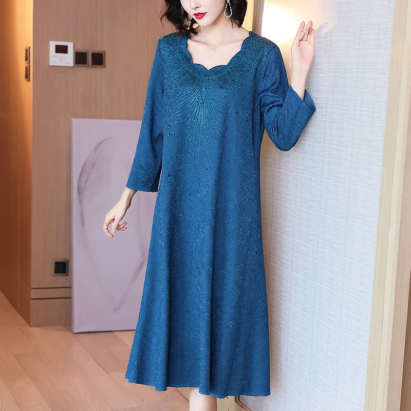 

Blue Dress For Women 45-75kg New Fashion Beading Embroidery Casual Loose A Line Dress Elegant Mid-Calf Length