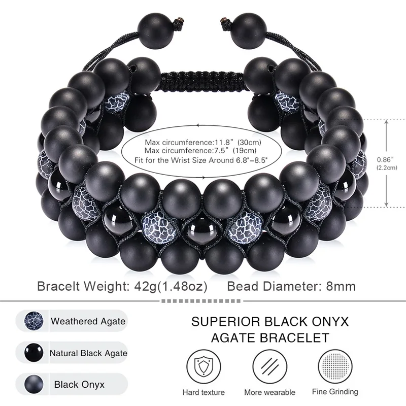 Natural Stone Beads Bracelets Adjustble 8mm Black Matte Onyx Bracelet Healing Beads Bracelet Anxiety Relax 3-Layer Bangle Men