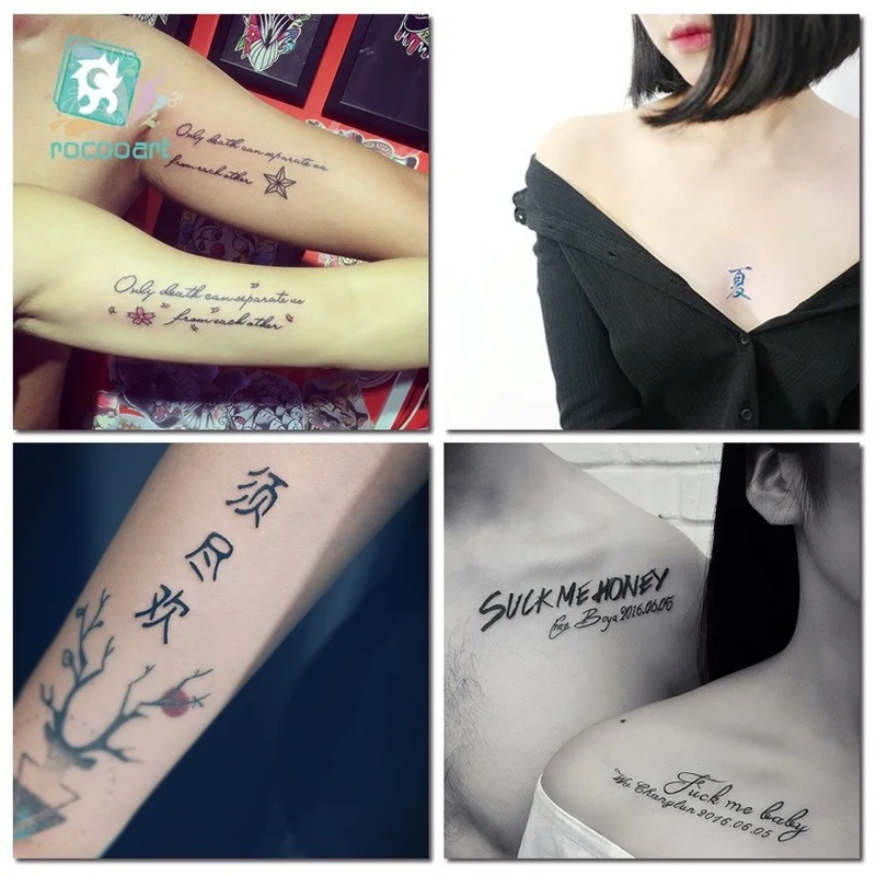 Çin mektup kelimeler geçici dövmeler vücut sanatı su geçirmez erkek kadın moda el sahte dövme etiket tatuafake temporales