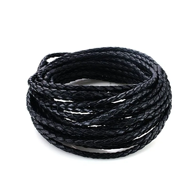 3.0mm Round Folded Bolo Genuine Braided Leather Cords For Bracelet Necklace Jewelry Making 3Meters Black