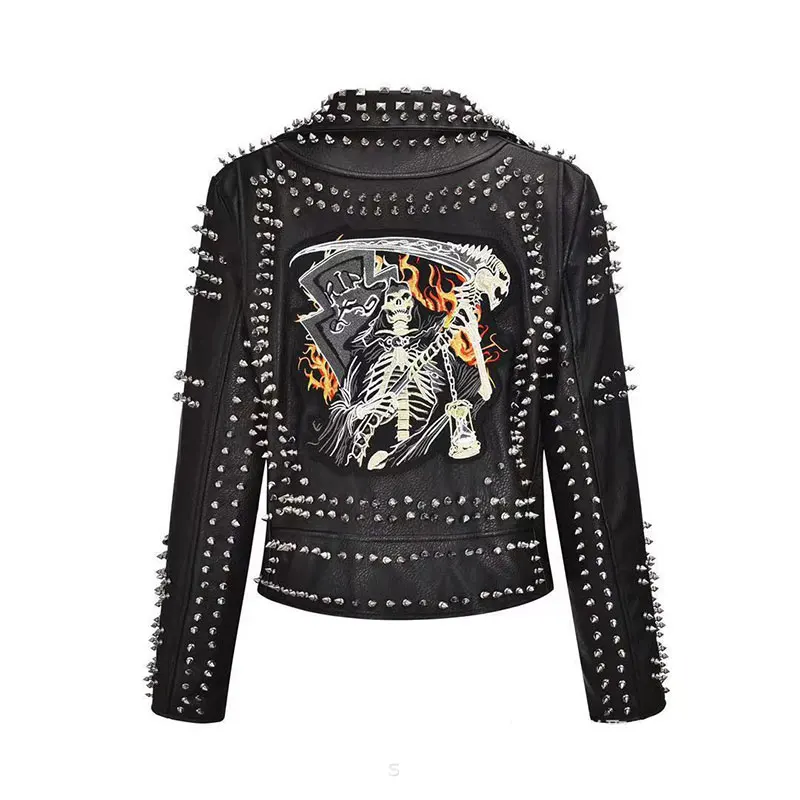 Women Spring Rivet Death Patch Fuax Leather Jackets For Punk Rock Rivet Streetwear High Waist Short Motorcycle Jackets Coat