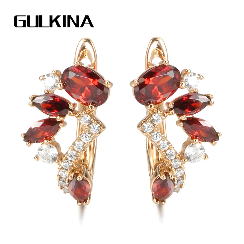 

Gulkina Hot Red Natural Zircon Earrings For Women 585 Rose Gold Women's Crystal Flower Earrings Wedding Jewelry Valentines Gifts