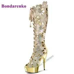 Crystals Flower Stud Platform Sandals Boots Thin High Heel Knee High Lace Up Solid Bling Boots Back Zipper Peep Toe Sandals Boot