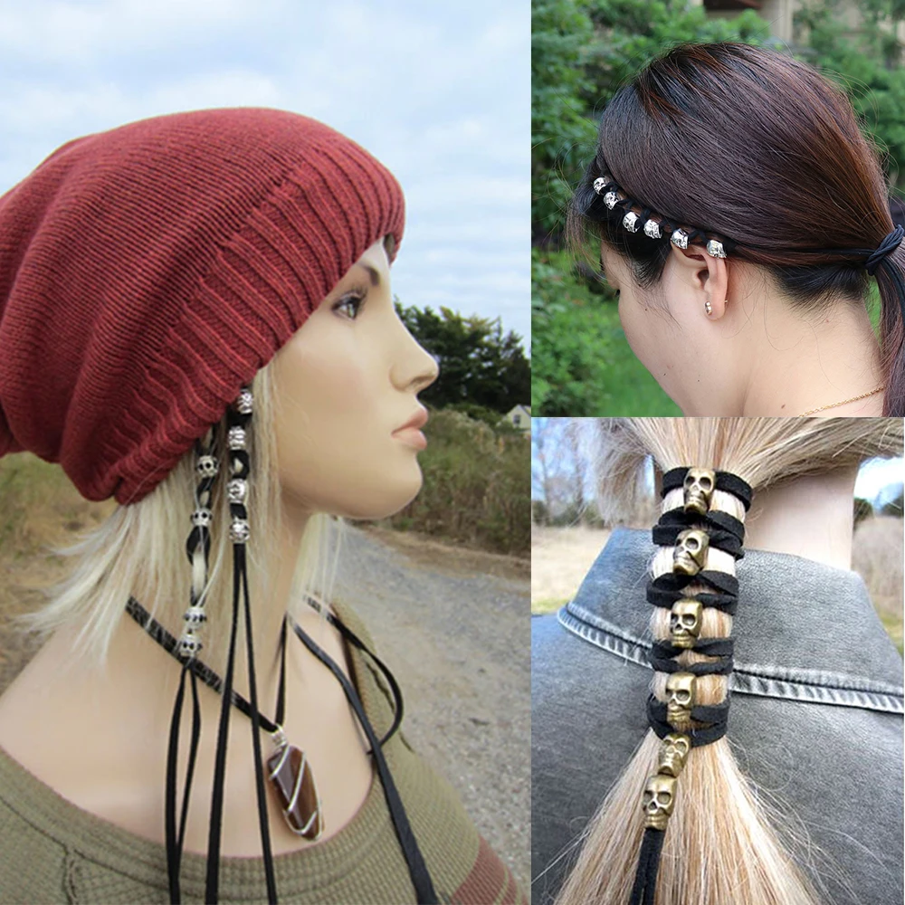 Metal Small Skull Hair Rope Skeleton Beads Braided Dreadlock Cuffs Tube Rings For Hair Styling Accessories Wig Braiding Jewelry