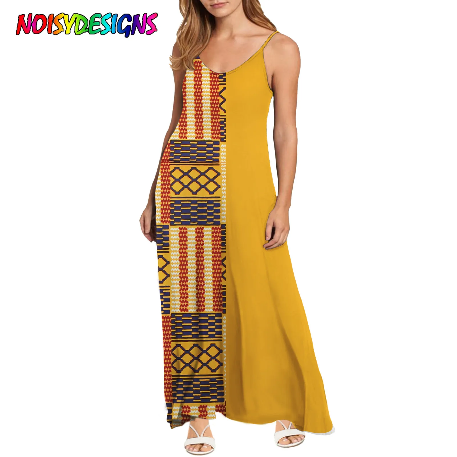 NOISYDESIGNS African Tribal Printing Yellow Summer Dress Woman Robe Sleeveless Elegant Long Dress Holiday Travel Daily Office