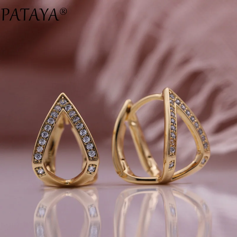 PATAYA New Hollow Triangle Unique Drop Earrings 585 Rose Gold Color Wedding Fine Fashion Jewelry Natural Zircon Women Earrings