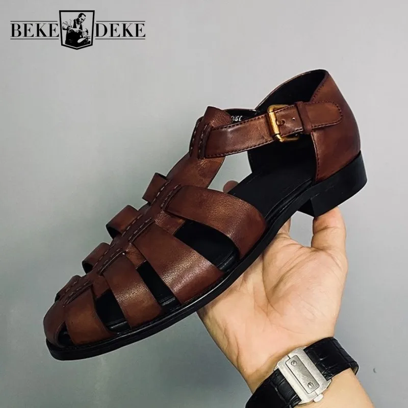 Size 45 46 Retro Rome Shoes Men Handmade Genuine Leather Cowhide Flat Sandals Luxury Breathable Summer Hollow Out Formal Shoes