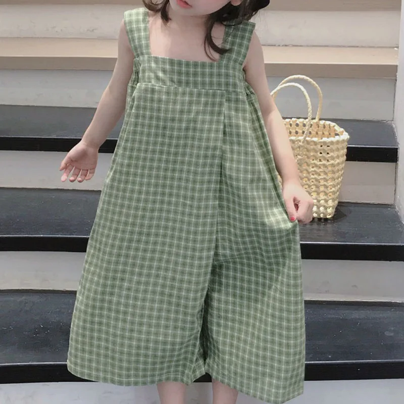 Girls' Summer Rompers Plaid Sling Korean Jumpsuit 2022 Fashion New Wide Leg Pants Baby Kids Clothes Children'S Clothing