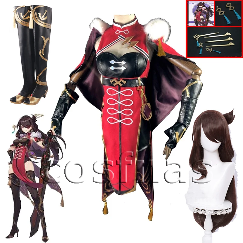 

Genshin Impact Cosplay Costume Beidou Costume Women Black Red Costume Halloween Dress Cloak Pants Glove Beidou Wigs Role Play