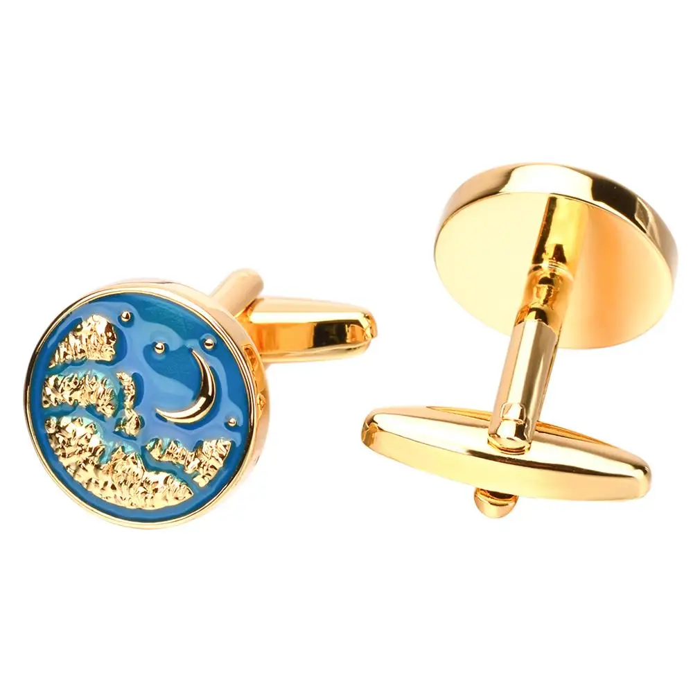 SAVOYSHI Fashion Round Gold Color Cufflinks For Mens Shirt Cuff Buttons Blue Enamel Night Starry Sky Design Cuff links Brand