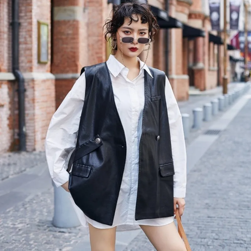 Fashion Office Lady Single Button Vest Streetwear Black V-Neck Medium-Long Waistcoat Biker Sleeveless PU Leather Jacket