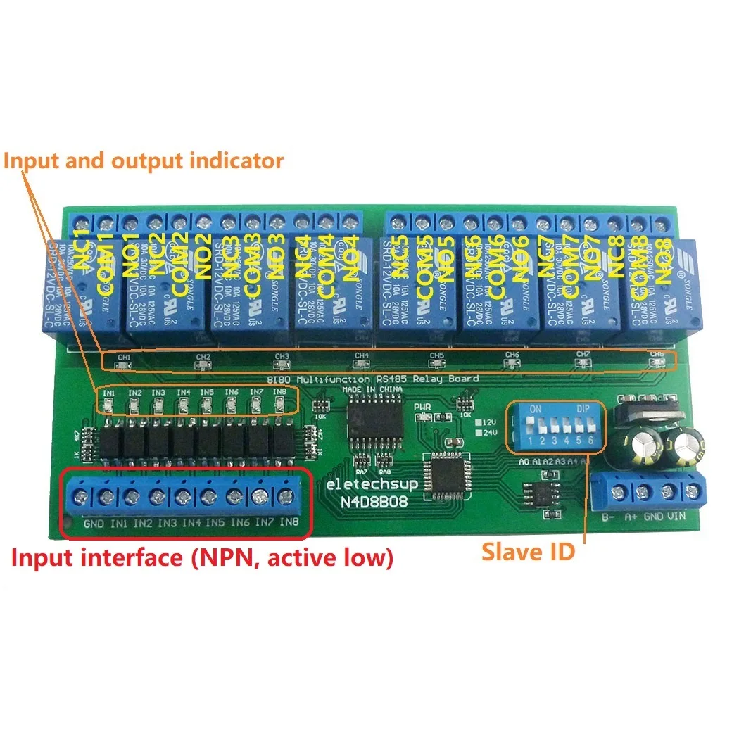 DC 12V 24V 8I8O Wielofunkcyjny moduł przekaźnika Modbus RTU Obsługa 03 06 16 Kod funkcjonalny Przełącznik RS485 Płyta sterująca DIN35 Skrzynka szynowa
