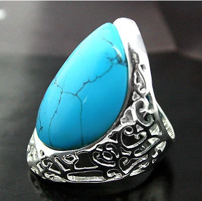 

unsex 27X33mm Solid 925 Silver Blue Natural Turquoise fashion Ring Size 7/8/9/10