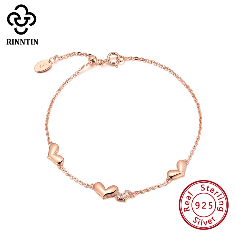 Rinntin Pure 100% 925 Sterling Silver Bracelet With 3 Heart Shape Trendy Thin Chain CZ Stone Rose Gold Color Jewelry EQB09