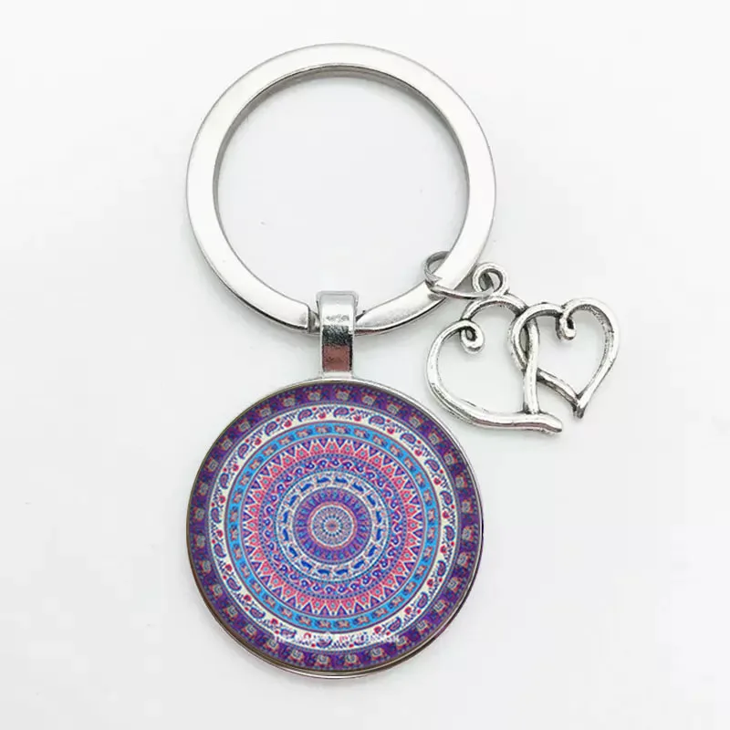 Hot Classic Retro Indian Yoga Mandala Flower Keychain Buddhist Chakra Pattern Key Ring Key Ring Chain Glass Cabochon Henna Jewel