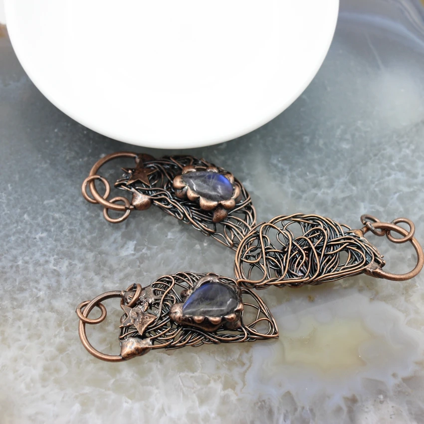 Natural Labradorite Half Moon Birds Nest Antique Brass Style Pendant,Healing Reiki Energy Stone Necklace DIY Charms Jewelry