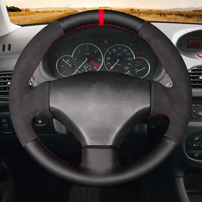 Hand-stitched Black Leather Suede Car Steering Wheel Cover for Peugeot 206 1998 1999 2000-2005 206 SW 2003-2005 206 CC 2004 2005