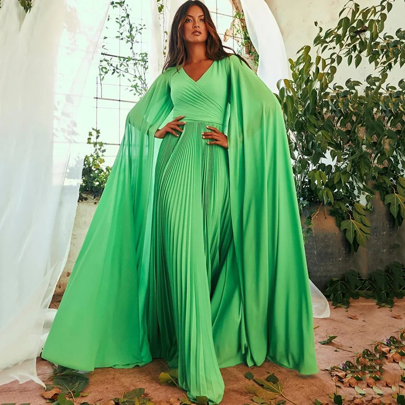 Groene Goedkope Lange Prom Jurken Met Chiffon Cape V-hals Elegante Vrouwen Formele Avond Partij Jassen Pageant Robe De Soriee