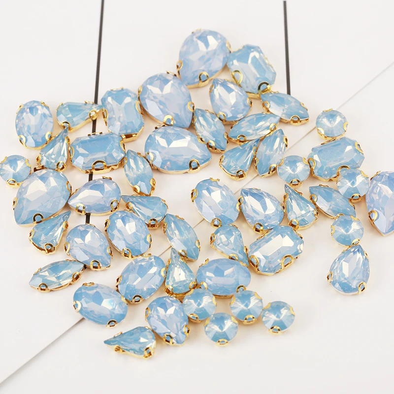 Mixed 50pcs Blue Opal Gold Claw Rhinestone With Holes Plastic Resin DIY Sewing Stone Accessories For Decoration Resin Rhinestone