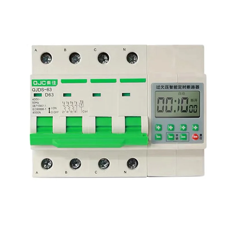 LCD 3 phase 4 wire 380V 32A,63A overload protect circuit breaker with timer function 1min - 99h din type 380V timer switch