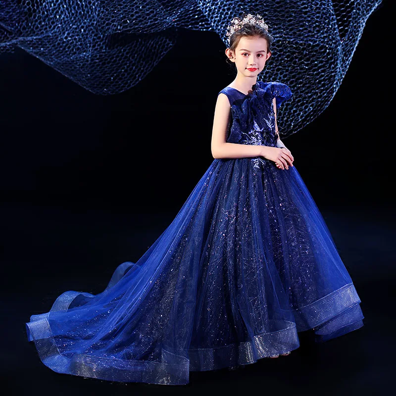 

Flower Girl Long Dress Bule Sequin Lace Frocks Girls Prom Ball Gowns Girls Party Evening Princess Dresses Teen Bridesmaid Robe