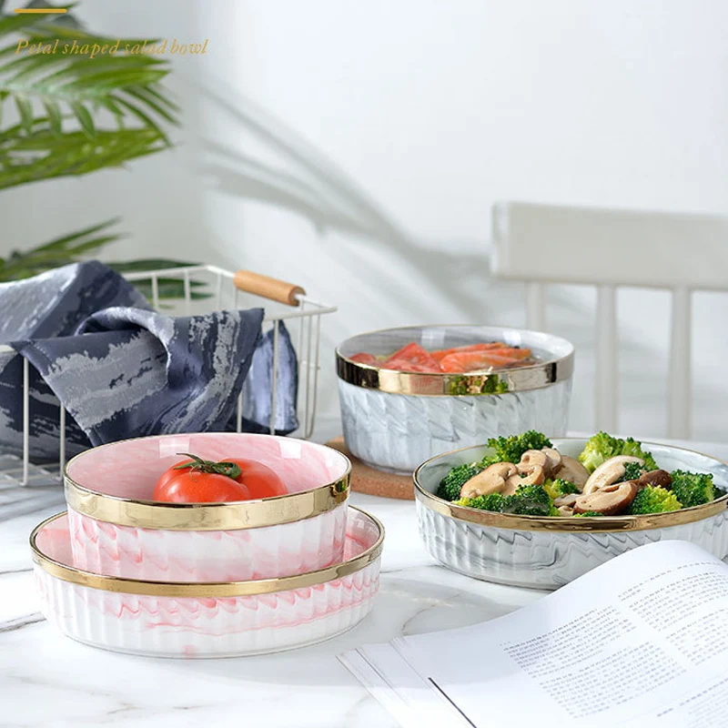 1pc Pink Marble Ceramic Dinner Dish Plate Rice Noodles Salad Bowl Home Tableware Kitchen Cook Plates fruit Dinnerware Sets