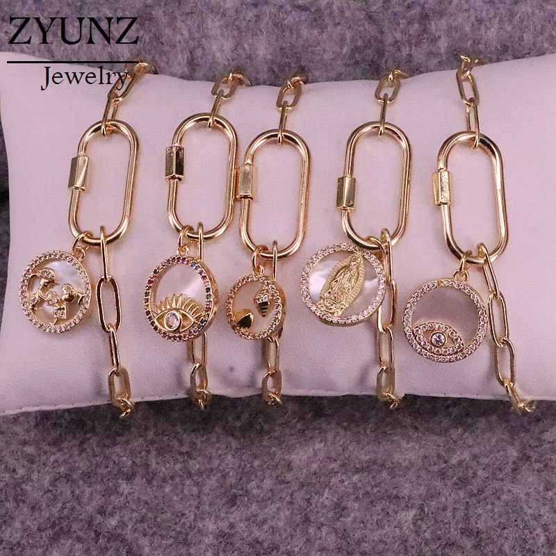 6PCS, Carabiner Shell Bracelet, CZ Micro Pave Mother of Pearl Bracelet, Screw Clasp Bracelet, CZ Micro Pave Chain Link Bracelets