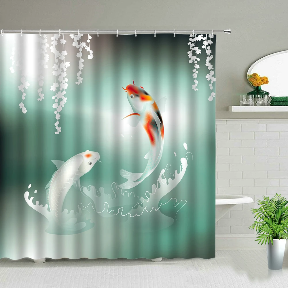 Koi Fish Print Shower Curtain Waves Oil Painting Landscape Bath Screen Waterproof Fabric Background Wall Decor Cloth Curtains