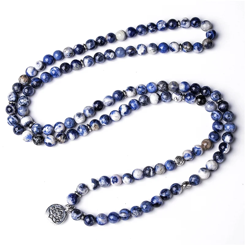 Natural 8mm Flower Sodalite Beaded Elastic Wrap 108 Mala Bracelet Meditation Yoga Healing Jewelry Men and Women Lotus Rosary