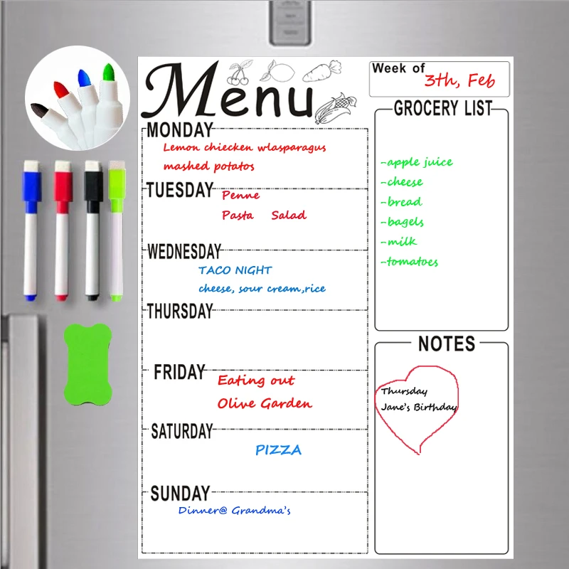 A4 Magnetic Refrigerator Whiteboard Weekly Menu Planner Grocery Shopping List Dry-Erase Meal Board for Kitchen Fridge Notepad