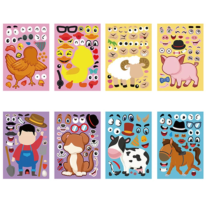 4 Pcs Kids Funny DIY Stickers Puzzle Games Make A Face Princess Dinosaur Animal Baby Recognition Training Education Toy