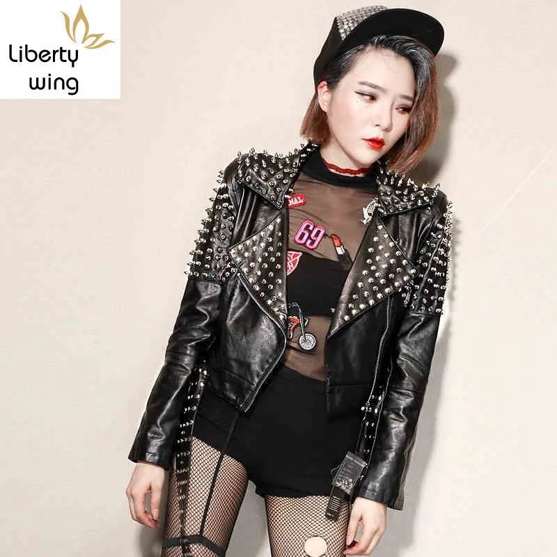 New Autumn Winter Womens Black Outerwear Punk Style Rivet Biker Female European Slim Fit PU Leather Short Jacket