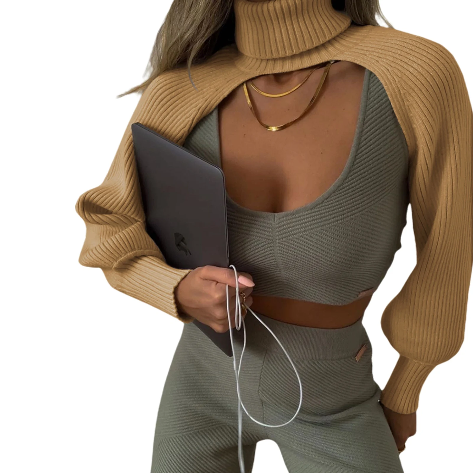 Women Sweater Tops Ladie Fashion  Elegant Solid Color High Collar Long Puff Sleeve Knitwear Pullover for Women кофта женская