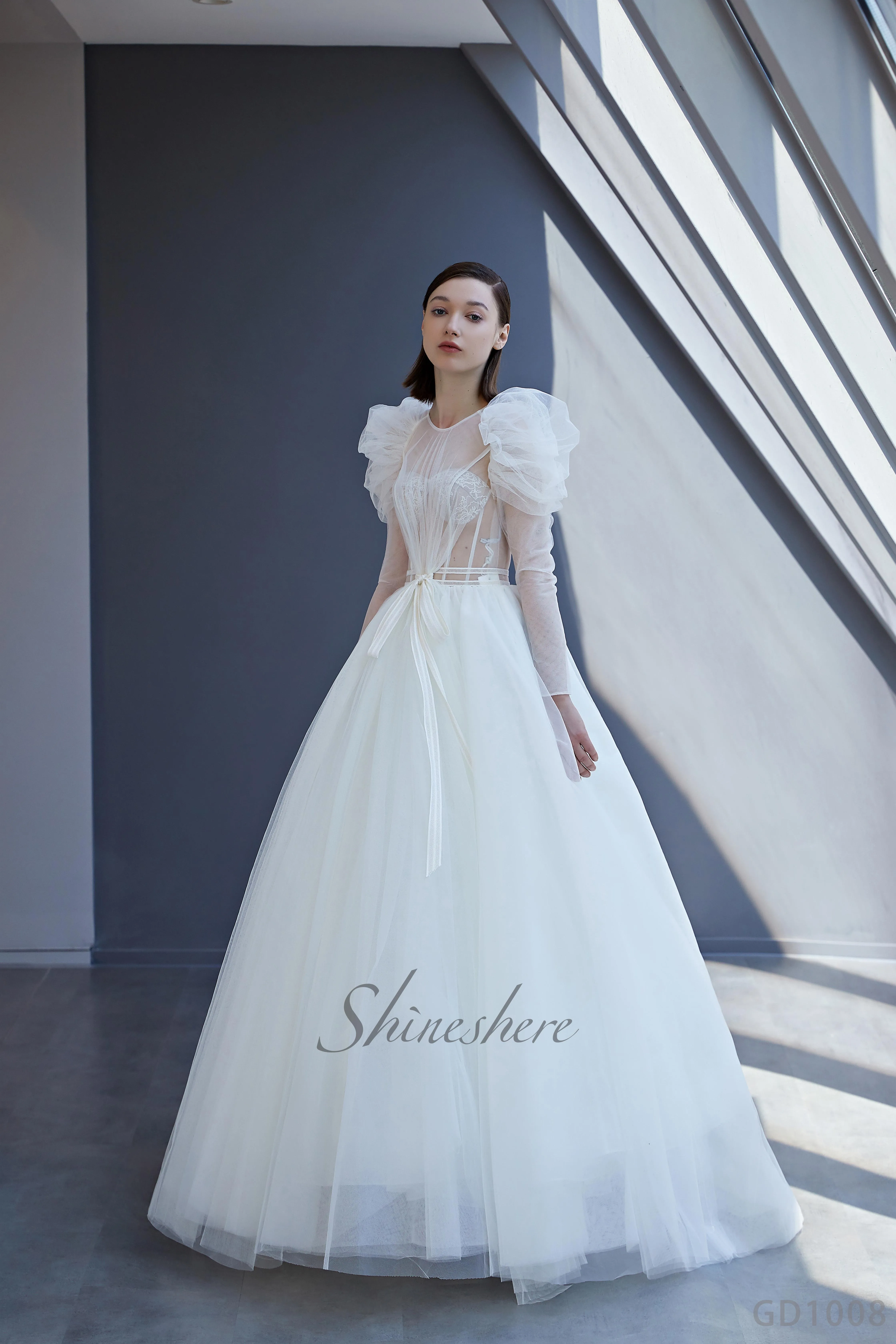 Jusere bridal dress elegant wedding dress Puffy long sleeves bridal A-line gown with sweep train backless dress